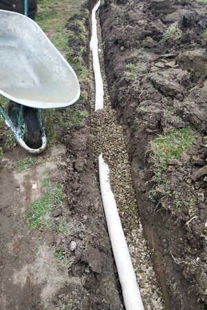In the yard, workers carry out drainage works for draining water. 2019
