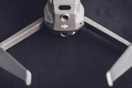 Trostyanets, Ukraine - August 1, 2019: Closeup of DJI Mavic 2 Pro, on a black background, DJI Mavic 2 Pro - with Hasselblad camera and tracking sensors. 2019のeditorial素材