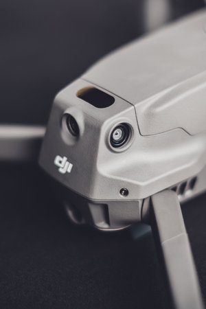 Trostyanets, Ukraine - August 1, 2019: Closeup of DJI Mavic 2 Pro, on a black background, DJI Mavic 2 Pro is one of the most portable drones on the market, with a Hasselblad camera. 2019のeditorial素材