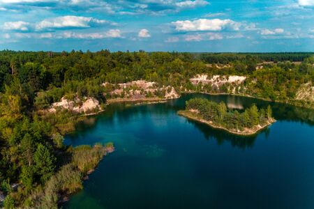 Fantastically beautiful landscape of basalt columns and azure lake in Ukraine. 2019の写真素材