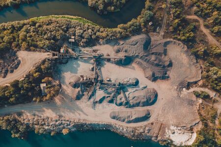 Basalt production in Ukraine, picturesque aerial view of basalt columns. 2019