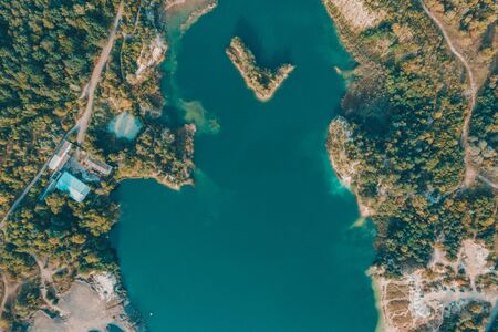 Basalt pillars and azure lake, bird's-eye view, picturesque scenery of Ukraine. 2019の写真素材