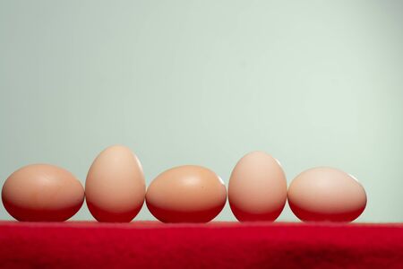 Whole eggs with set in a row on red background. 2019の写真素材