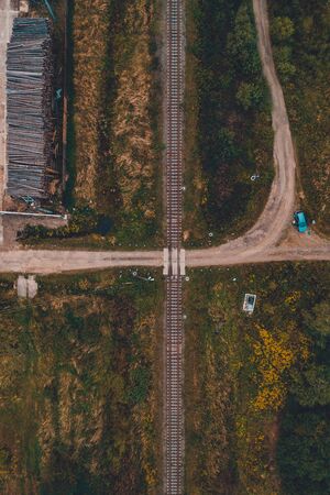 Aerial view shows the intersection of the railway tracks in the field. 2019の写真素材