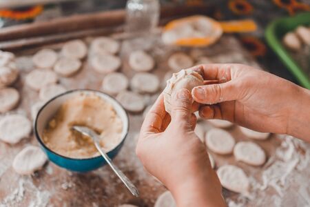 Cooking dumplings at home, the woman prepares lunch.2020の写真素材