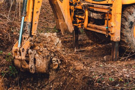 The excavator digs soil into the forest and uproots the roots of the trees.2020
