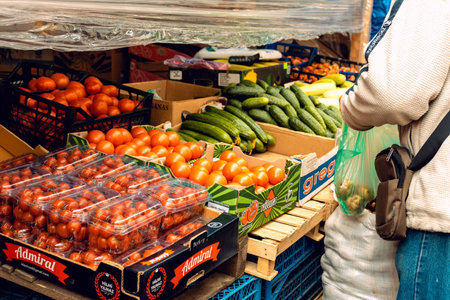 Resumption of markets in cities after quarantine. Shelves are fenced with films for safety against patients with coronavirus 2021. Ivano-Frankivsk, Ukraine - May 25 2020.のeditorial素材