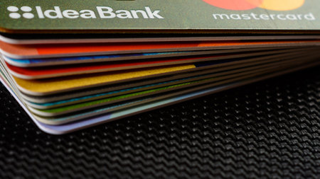 Lviv, Ukraine - 26 April 2019 : Stack of colorful credit cards of the Ukrainian bank titled IdeaBank 2020のeditorial素材
