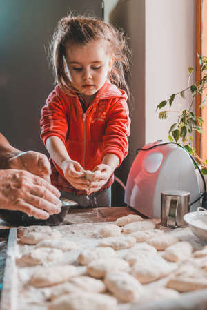 Grandmother and granddaughter sculpt dumplings with meat filling. On the table are flour, stuffing, there is also a meat grinder and happy grandmother and granddaughter.2020の写真素材
