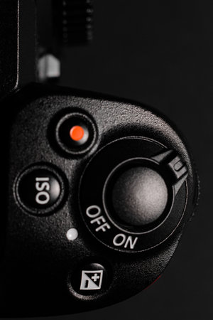 Shutter button and camera power button close up, rear view of the camera 2021.
