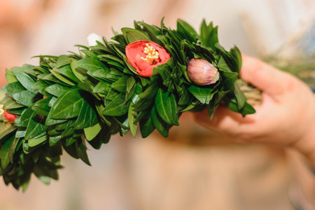 Wedding traditions in Ukraine, periwinkle wreath for the bride on her wedding day from her parents. 2020の写真素材