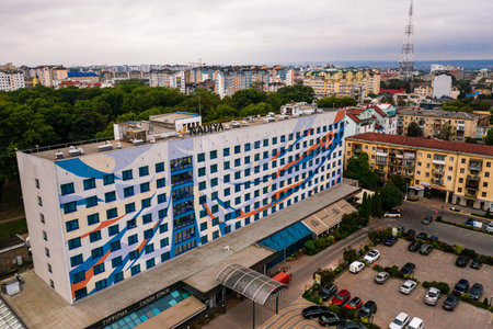 Ivano-Frankivsk, Ukraine September 26, 2020: Independence Avenue, the city of your dreams, Hotel Nadiya, fountain and parking. 2020のeditorial素材