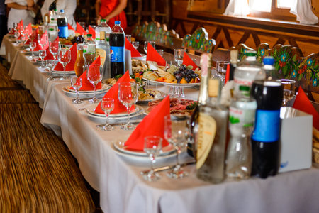 Ivano-Frankivsk, Ukraine September 6, 2020: banquet table at a wedding. 2020のeditorial素材