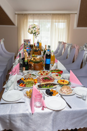 Ivano-Frankivsk, Ukraine August 3, 2019: banquet table at a wedding. 2020のeditorial素材
