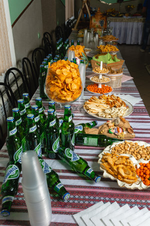 Ivano-Frankivsk, Ukraine August 3, 2019: Buffet table snacks and drinks. 2020のeditorial素材