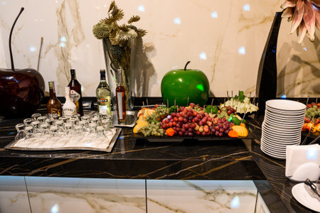 Ivano-Frankivsk, Ukraine August 3, 2019: Buffet table snacks and drinks. 2021のeditorial素材
