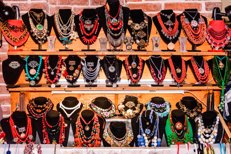 Ivano-Frankivsk, Ukraine July 28, 2020: sale of women's handmade jewelry in a gift shop. 2020のeditorial素材