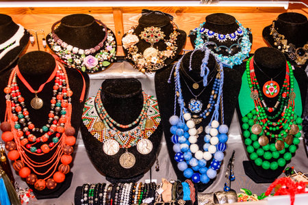 Ivano-Frankivsk, Ukraine July 28, 2020: sale of women's handmade jewelry in a gift shop. 2020のeditorial素材