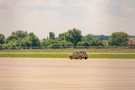 Lviv, Ukraine June 29, 2020: service cars at Lviv airport, service personnel. 2020のeditorial素材