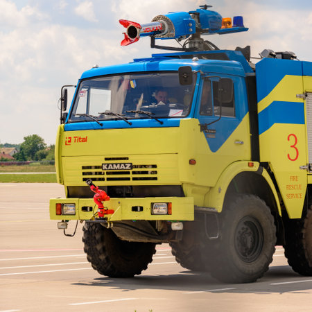 Lviv, Ukraine June 29, 2020: service cars at Lviv airport, service personnel. 2020のeditorial素材