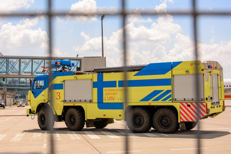 Lviv, Ukraine June 29, 2020: service cars at Lviv airport, service personnel. 2020のeditorial素材