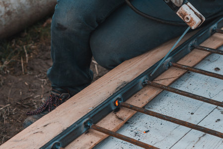 A man welds a metal frame to build an aviary, welding metal close up. 2020