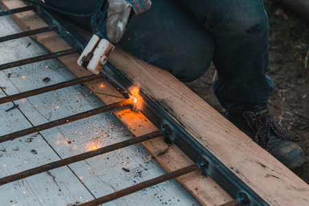 A man welds a metal frame to build an aviary, welding metal close up. 2020の写真素材