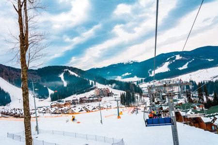 Bukovel, Ukraine February 3, 2019: lifts and ski slopes in Bukovel, recreation for tourists.newのeditorial素材