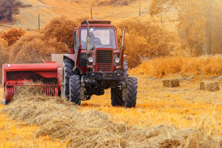 Old red tractor in the field, Ukrainian fields and old machinery, hay harvesting in the field. 2021の写真素材