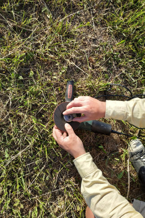 Kaluga, Russia June 3, 2019: angle grinder, stone replacement, power tool in action.new