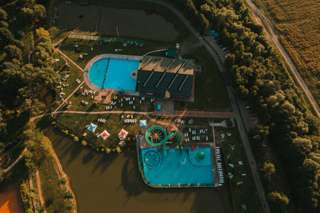 Stryi, Ukraine August 7, 2020: family vacation in a recreation complex with a hotel and an outdoor water park. newのeditorial素材