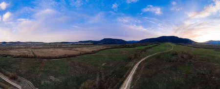 Panoramic view of the mountain village, the Carpathian village in Ukraine, roads and agricultural...