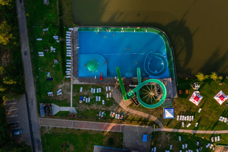 Stryi, Ukraine August 7, 2020: rest at Shepil base, outdoor pools and water slides. newのeditorial素材