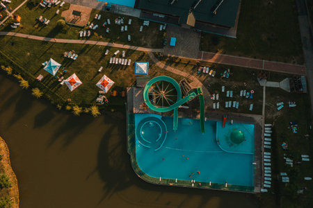 Stryi, Ukraine August 7, 2020: family vacation in a recreation complex with a hotel and an outdoor water park. newのeditorial素材