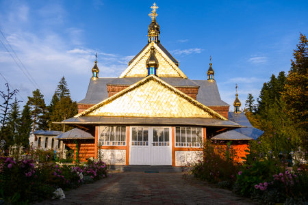 Pistyn village Ukraine October 10, 2020: An old wooden church is included in the in the Carpathian...
