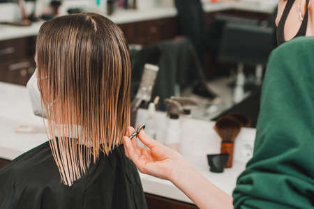 The hairdresser cuts the cut ends of the hair, wet hair in the barbershop, hair care during the quarantine period. newの写真素材