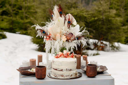 Wedding cake, wedding celebration in winter, winter landscapes.の写真素材