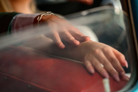 portrait of brides in retro cars, intimacy and sexuality.の写真素材