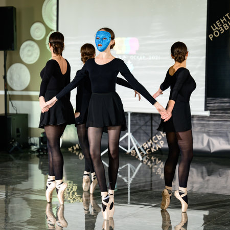 Dolyna, Ukraine September 29, 2021: four ballerinas dance in the masses on the educational holiday, four ballerinas in pointe shoes.のeditorial素材