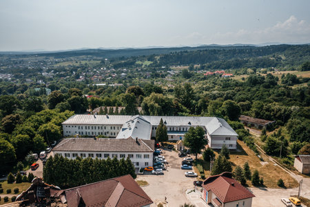 Dolyna, Ukraine July 13, 2021: Central City Hospital, top view, small city hospitals in Ukraine.