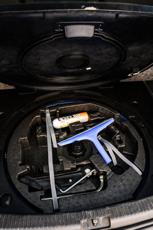 Dolyna, Ukraine December 22, 2021: Volkswagen car, trunk in the car and its components, blue car.のeditorial素材