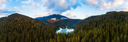 Top view of Synevyr Lake, Carpathian mountain lake, panorama of mountains and lakes, the deepest...