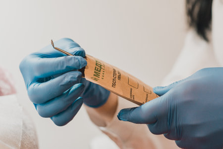 Dolyna, Ukraine March 5, 2021: packages for sterilization of instruments in a sterilizer, beauty salon and sterile instruments, cosmetology in Ukraine.のeditorial素材