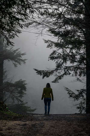 A woman like a ghost walks through the misty forest, the fear and mystery of the fog in the woods,...