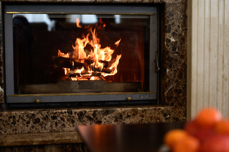Bukovel, Ukraine February 2, 2021: a burning fireplace in the lobby of the hotel, winter vacation in a warm hotel, a warm winter atmosphere.のeditorial素材