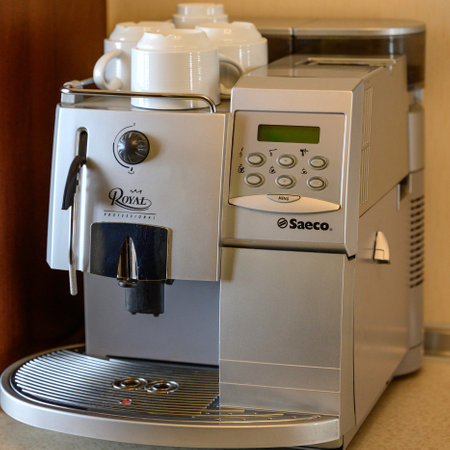 Bukovel, Ukraine February 4, 2022: coffee machine in the hotel kitchen, coffee machine royal, electrical appliance in the kitchen.のeditorial素材