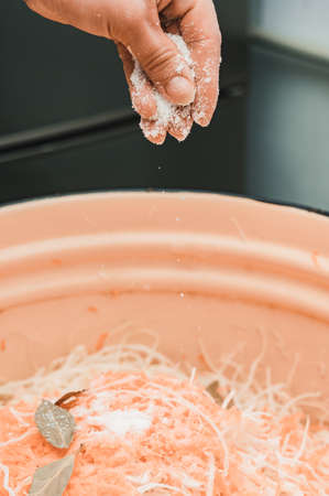 Pickled cabbage close up, woman salting cabbage for sourdough, cooking sauerkraut, healthy and tasty food.の写真素材