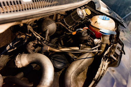 Valley, Ukraine September 17, 2021: Open hood, engine and all parts for the operation of the engine of a Volkswagen bus.のeditorial素材