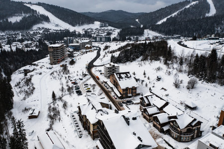 Bukovel, Ukraine February 4, 2022: Bukovel hotels in winter.のeditorial素材