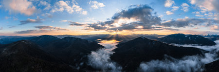 Panorama of the Carpathians in the Synevyrska Polyana Natural Park, forest with snow and morning fog...